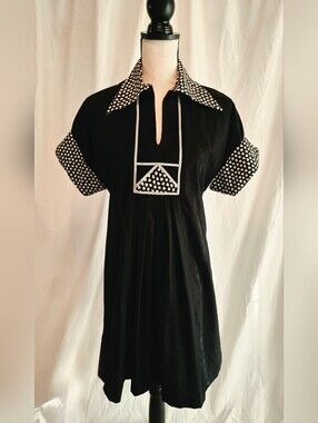Vintage 70's Indigo Black Mini Dress with Printed Clover Trim Made In Scotland